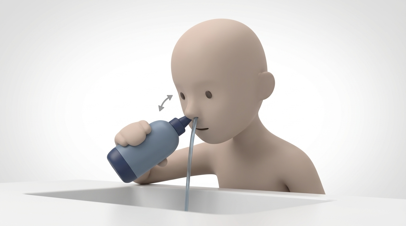 Head position and pour angle during nasal irrigation over a sink