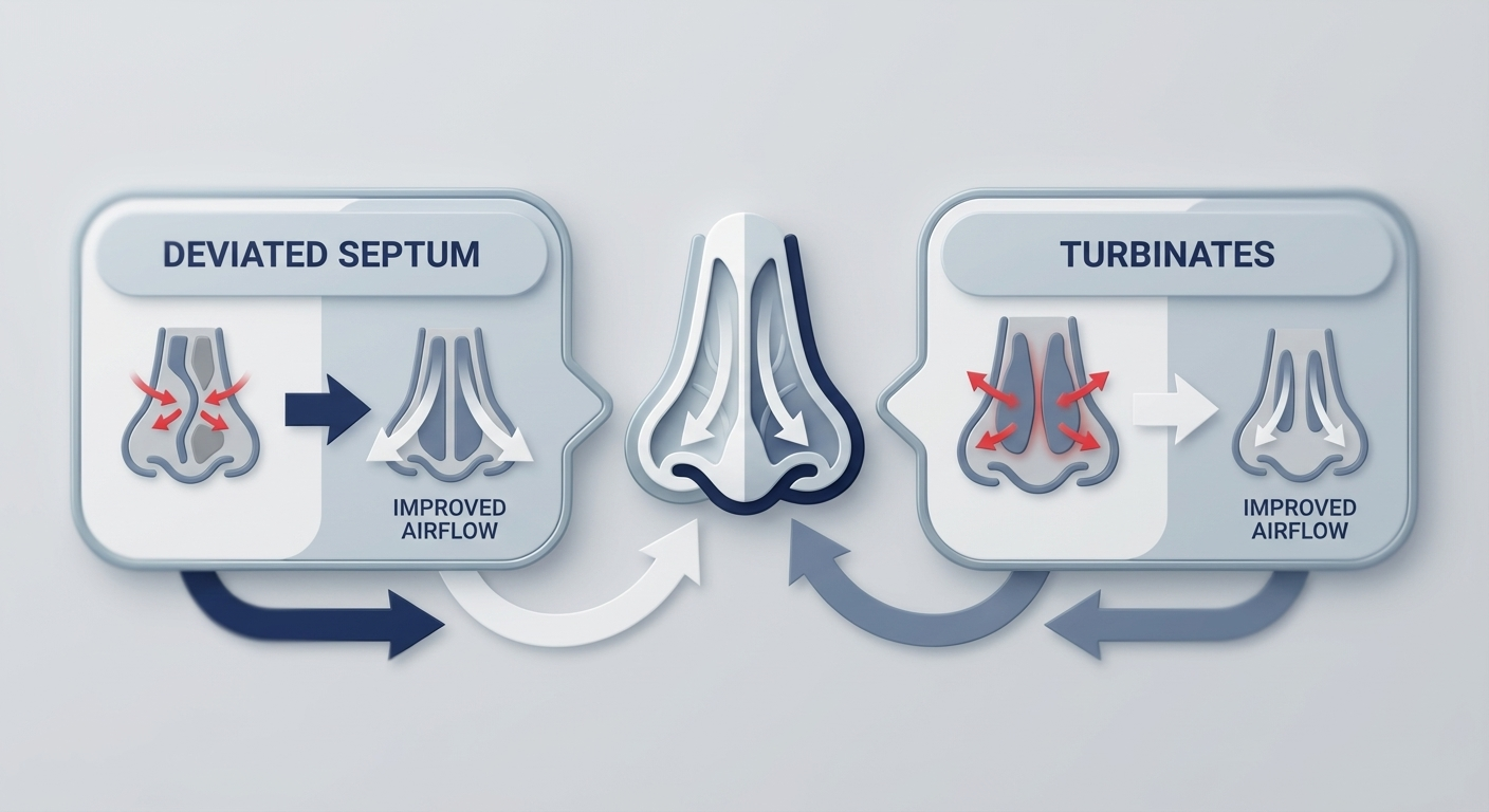 What’s being fixed—structure and tissue concept showing deviated septum and turbinates with airflow improvement