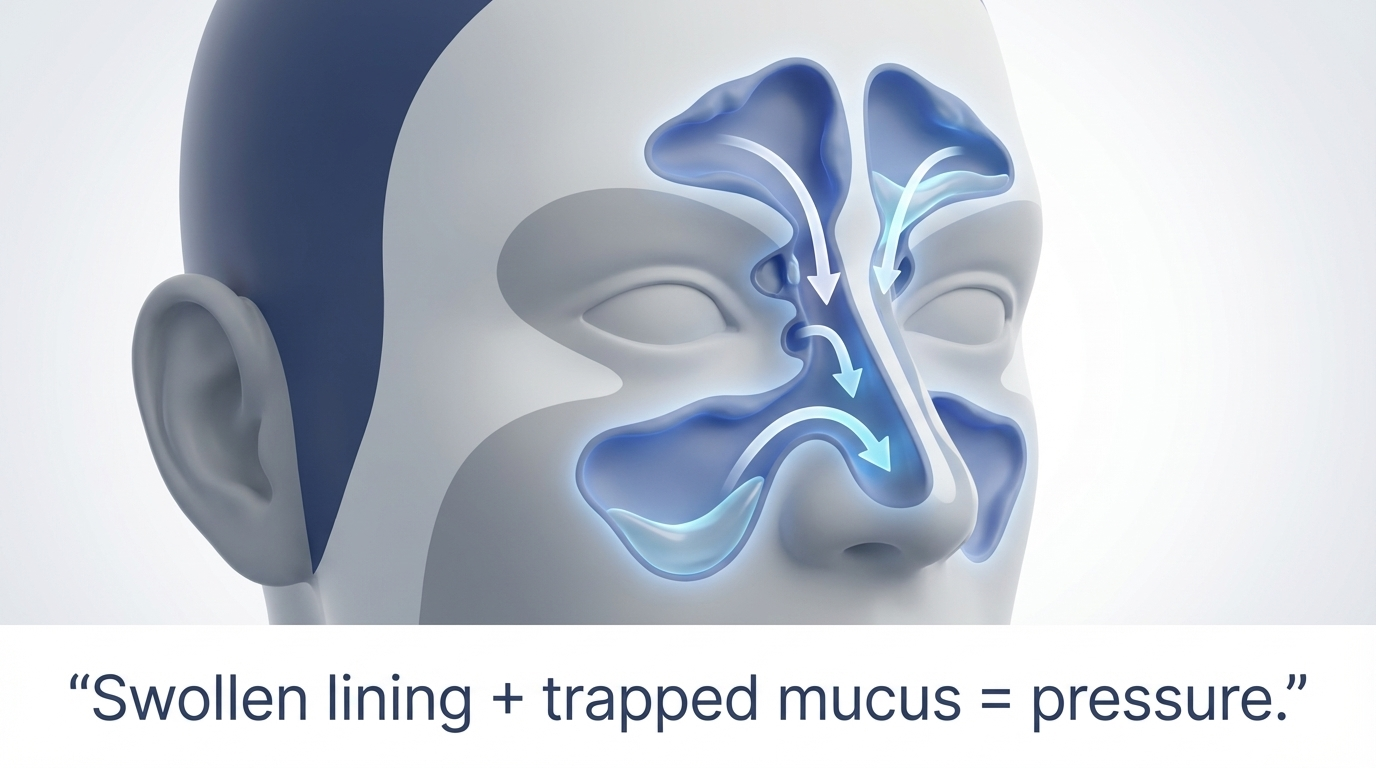 Sinus anatomy and drainage: swollen lining traps mucus, causing pressure