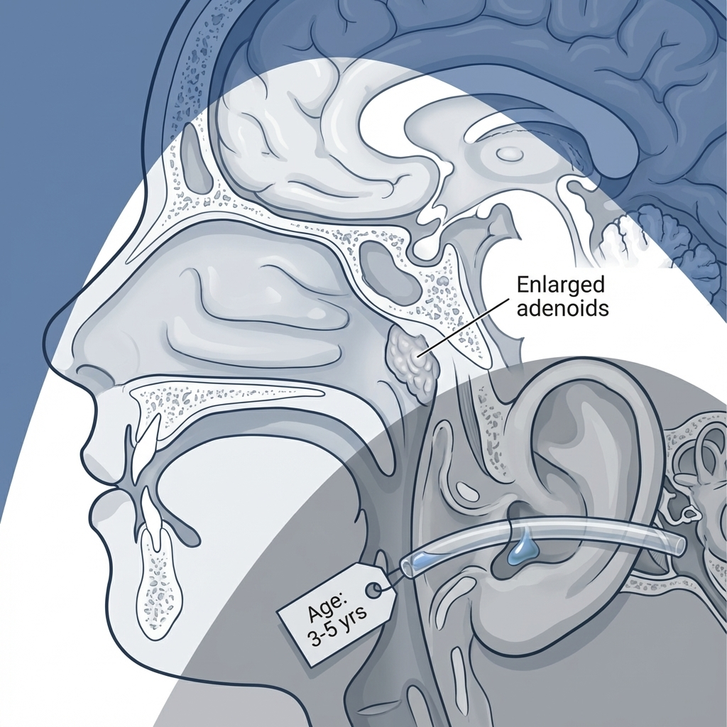Head cross-section showing adenoids, Eustachian tube path, and ear fluid droplet