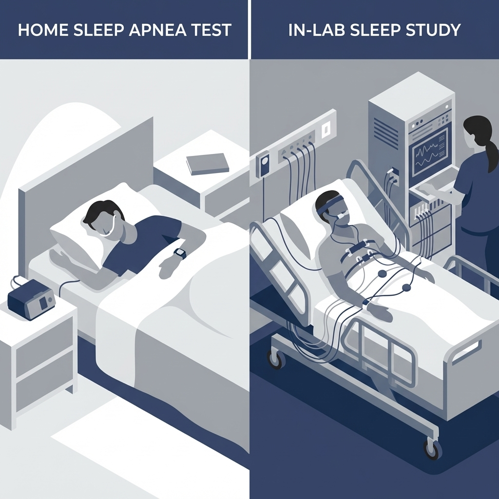 Split view comparing home sleep apnea test device and in-lab study setup