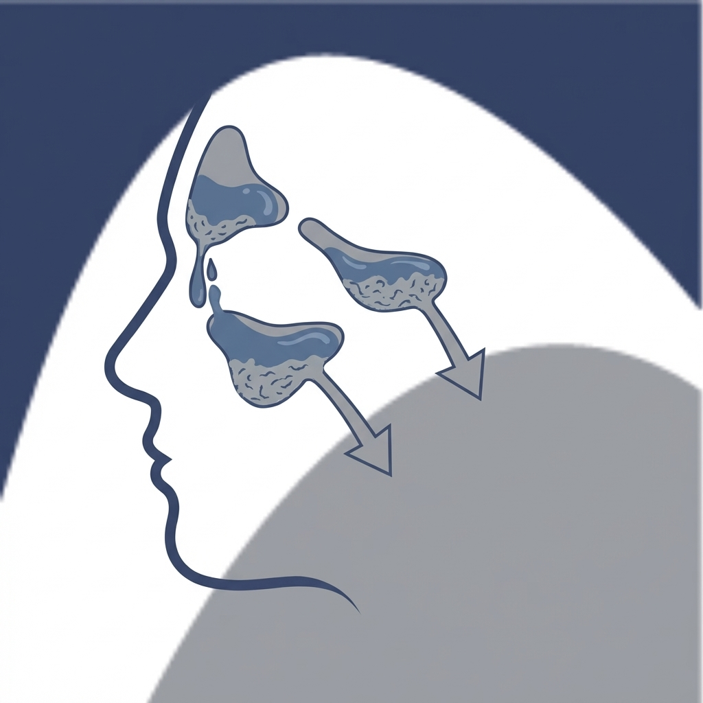 Side-profile head silhouette showing sinus cavities with slow drainage and biofilm
