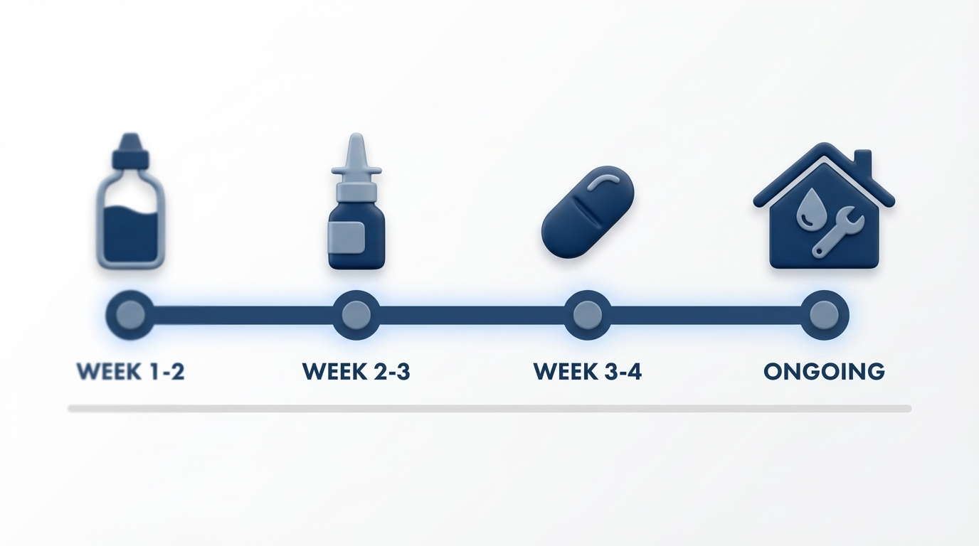 2–4 week non-surgical plan timeline with rinse, spray, pill, and home humidity icons