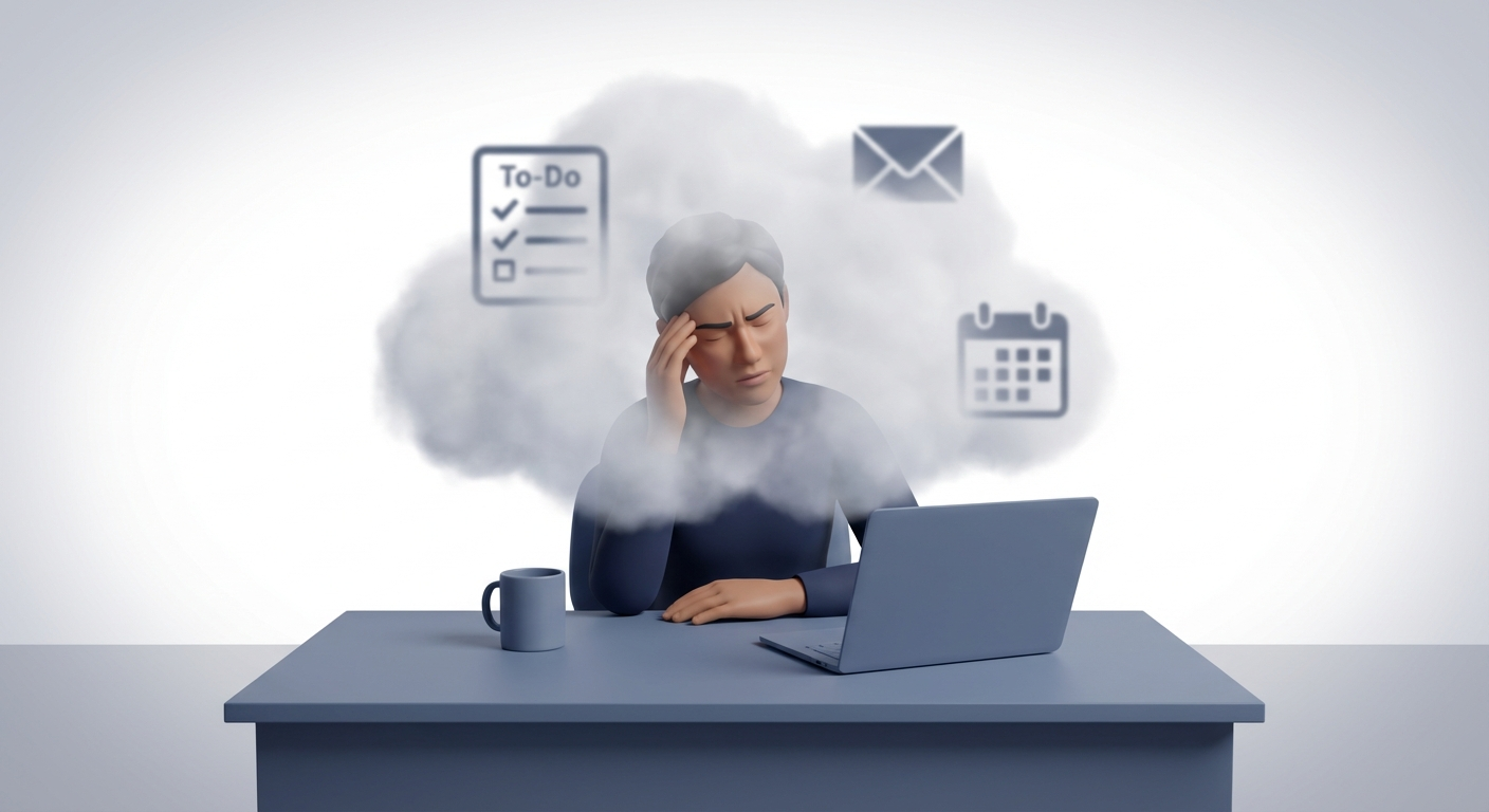 Character at desk with brain fog cloud and blurred to-do icons