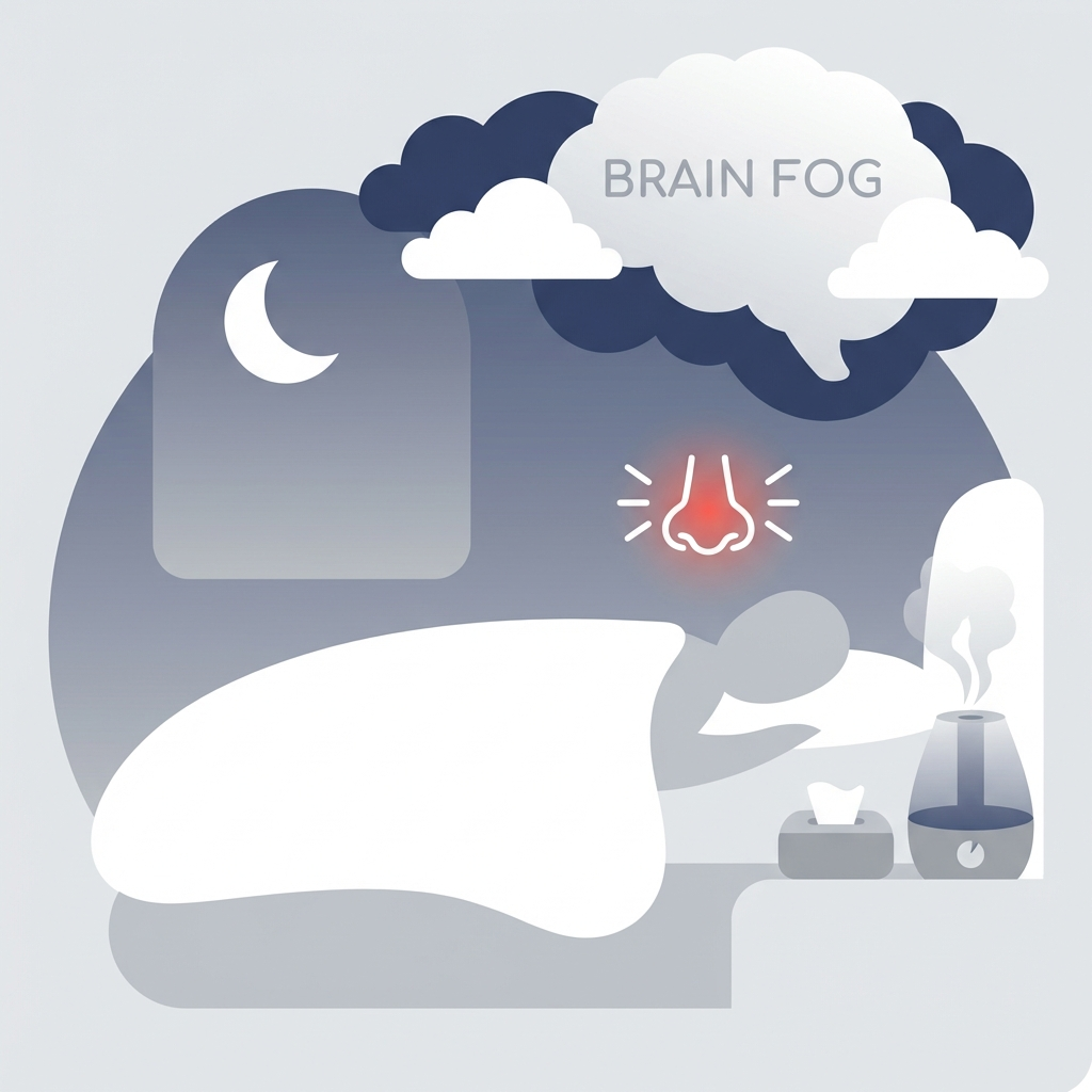 Bedroom scene with humidifier and blocked nose icon indicating sleep disruption