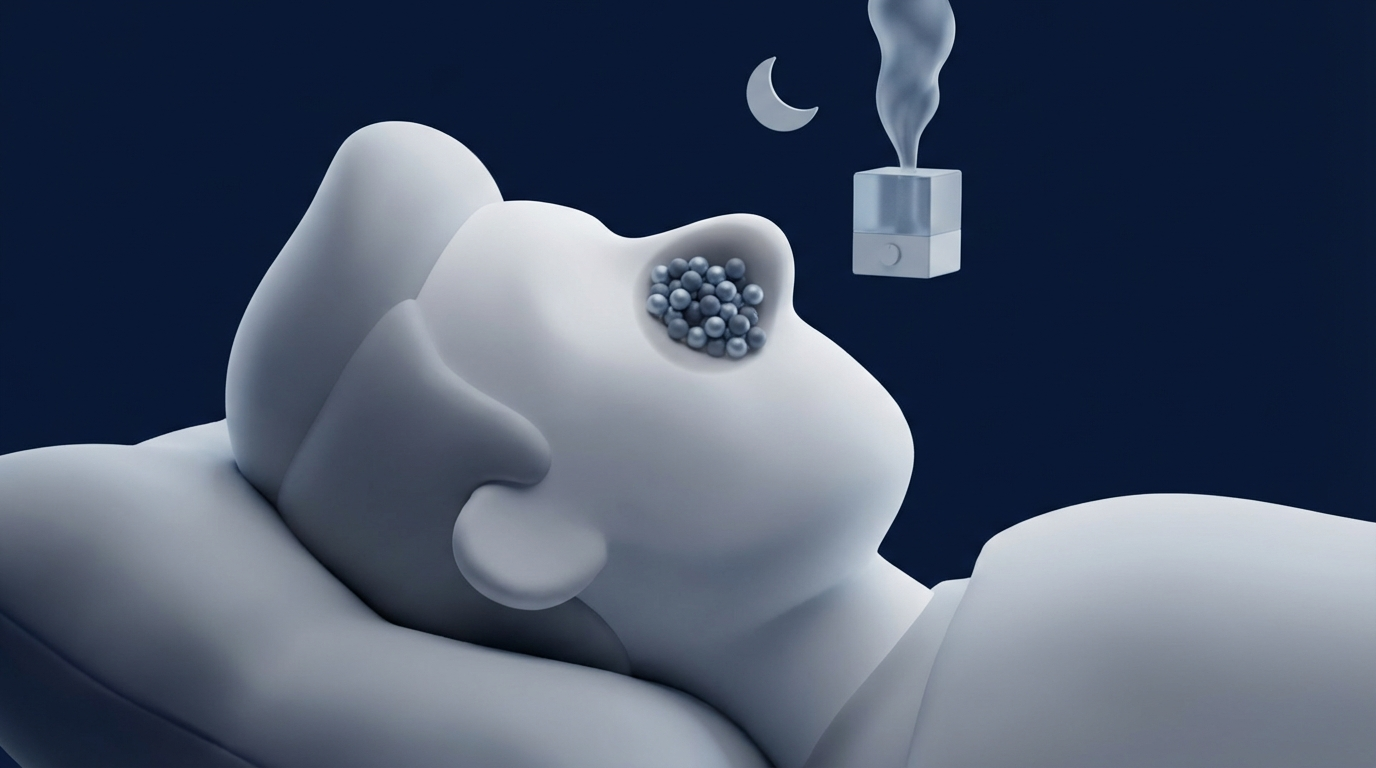 Close-up head on pillow with one nostril highlighted; moon, dust mites, humidifier plume icons