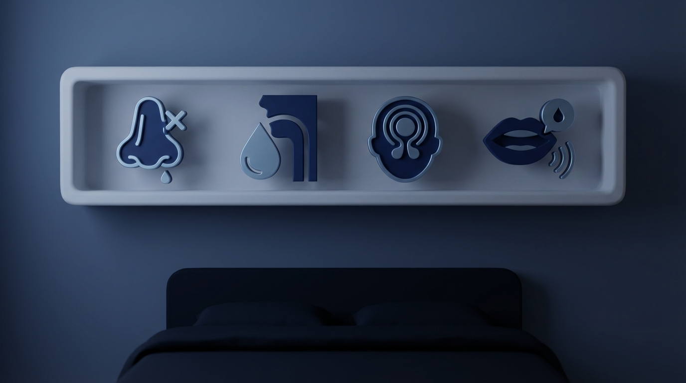 Nighttime CRS symptoms icons on a shelf above a bed: stuffy nose, drip, facial pressure, snoring