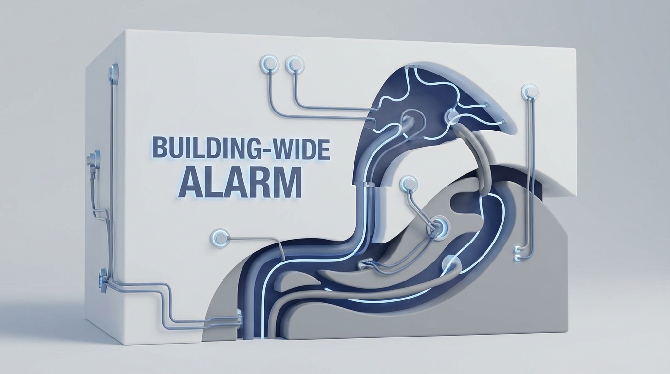Building-wide alarm analogy linking gut and sinuses sensors in a clean 3D building scene