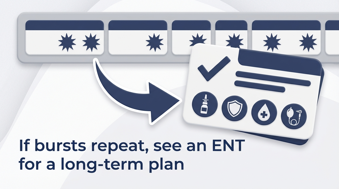 Calendar with burst markers leading to an ENT appointment card: if bursts repeat, see an ENT for a long-term plan