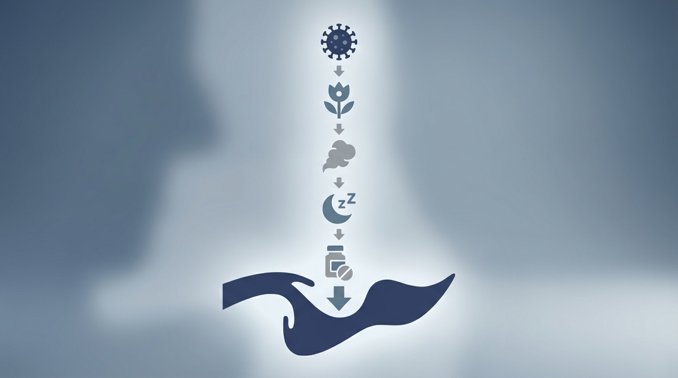 Sinus silhouette with stacked triggers: virus, pollen, smoke, stress/sleep, medication
