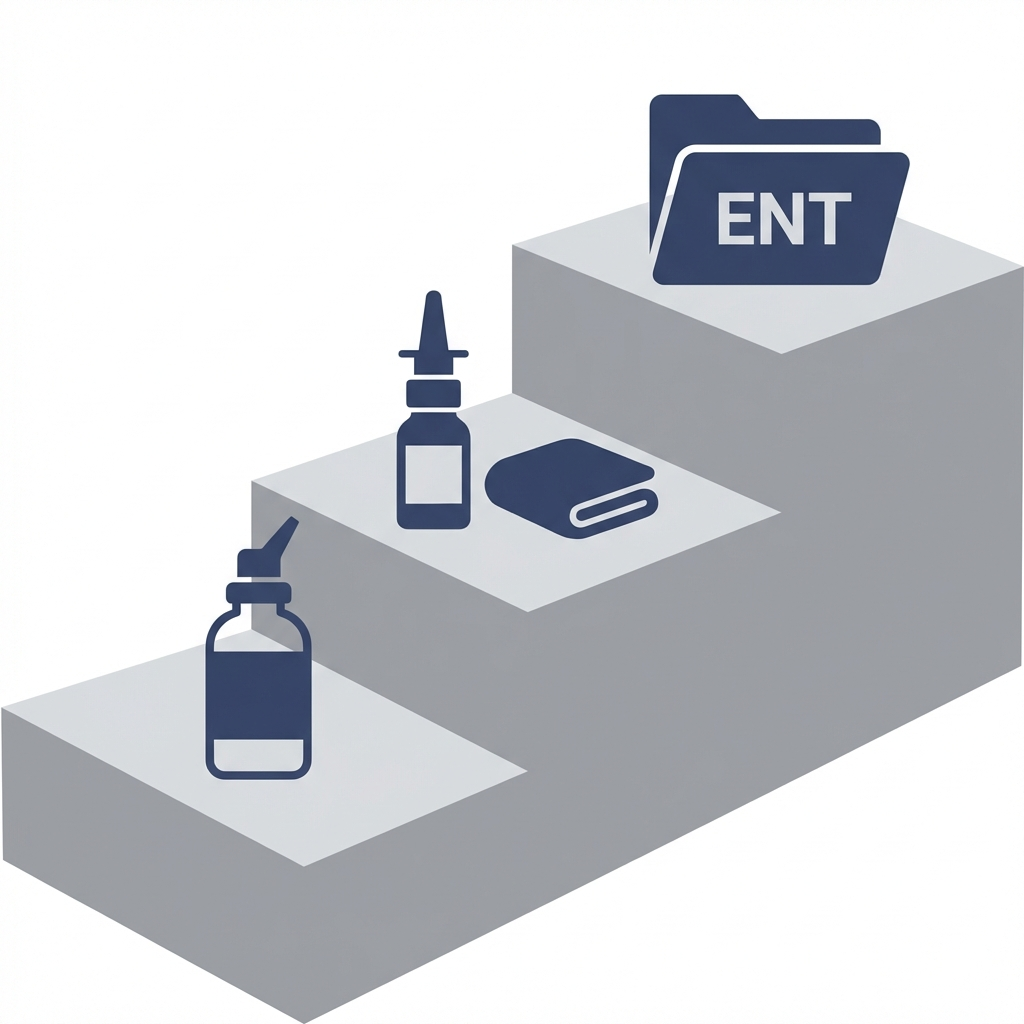 Stepwise sinus care staircase: saline, nasal spray, warm compress, and ENT follow-up.