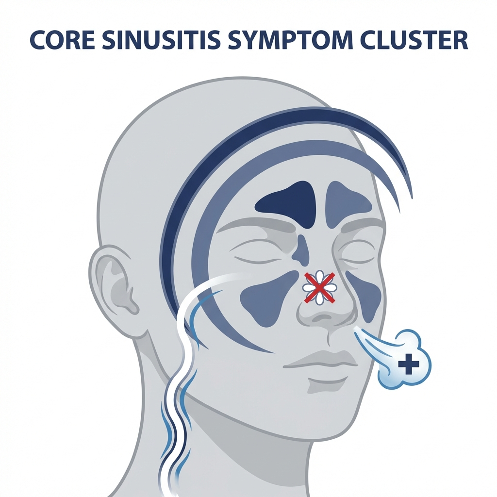 Core chronic sinusitis symptom cluster illustration with head pressure arcs and congestion