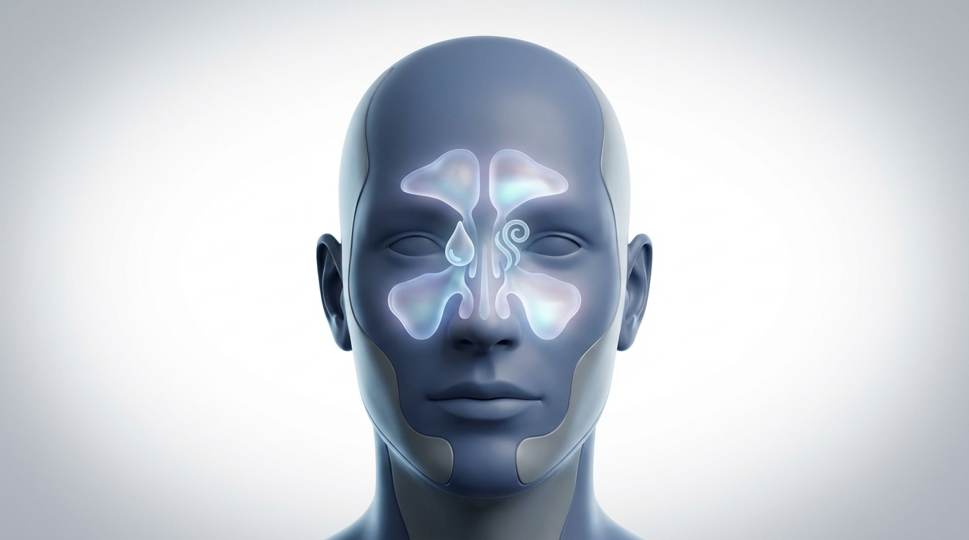 Stylized 3D head with glowing sinus cavities and smell/mucus icons