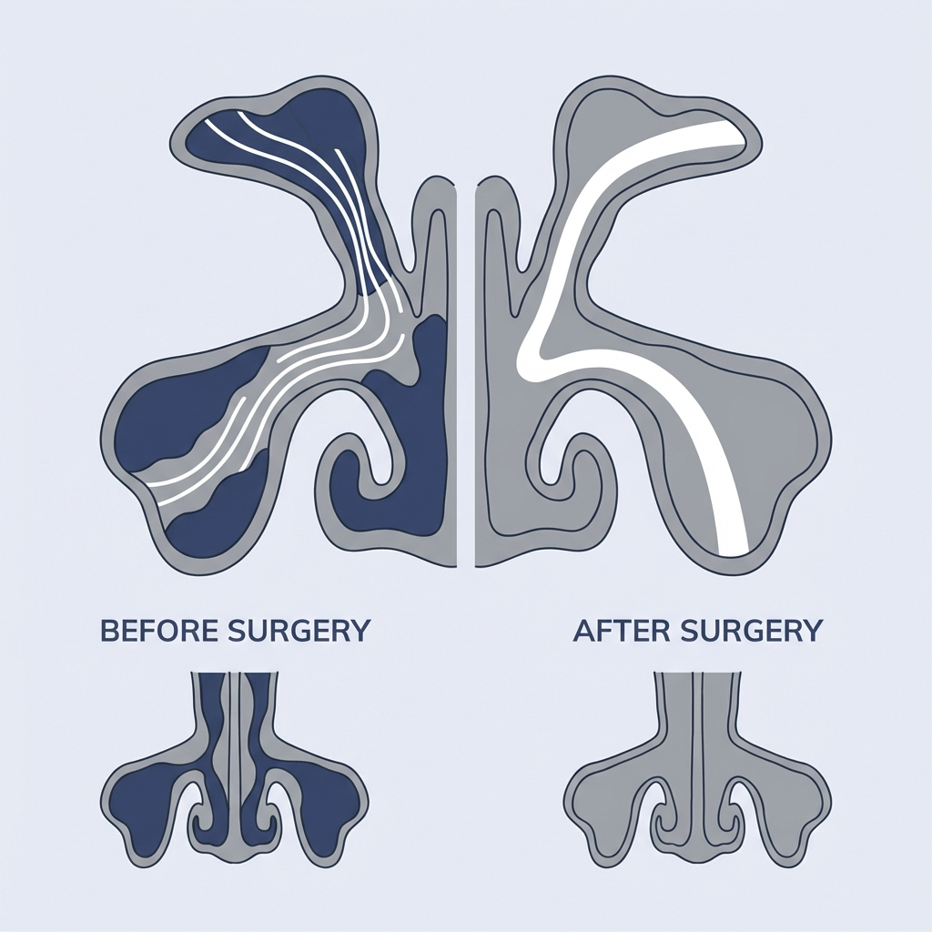 Before-and-after sinus cross-sections showing narrowed passages opening after surgery with improved airflow