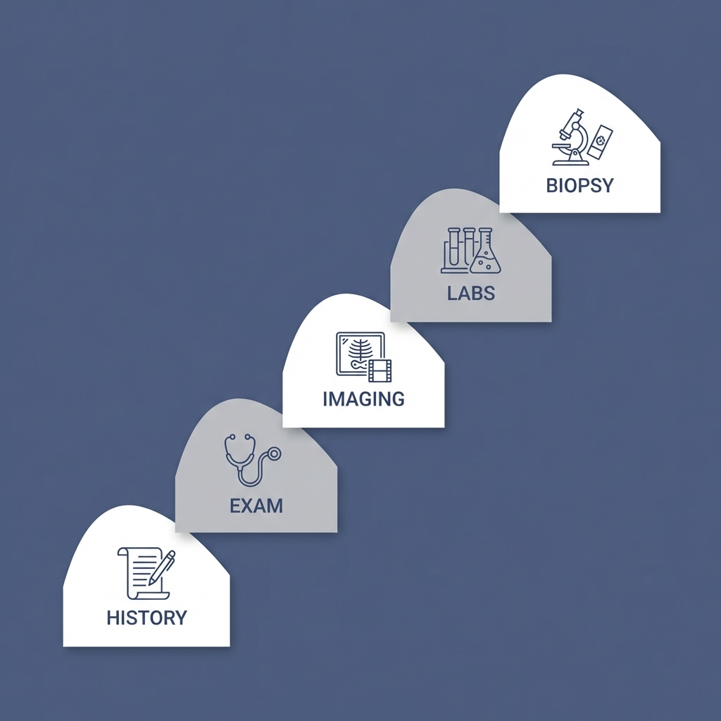 Five ascending steps labeled history, exam, imaging, labs, biopsy with clean matte icons.