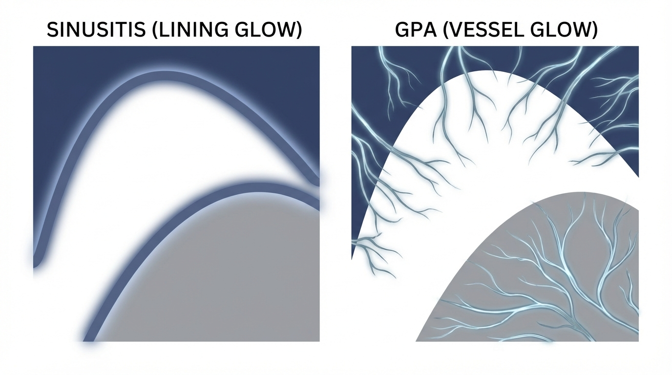 Side-by-side mini cross-sections comparing sinusitis lining inflammation versus GPA vessel inflammation