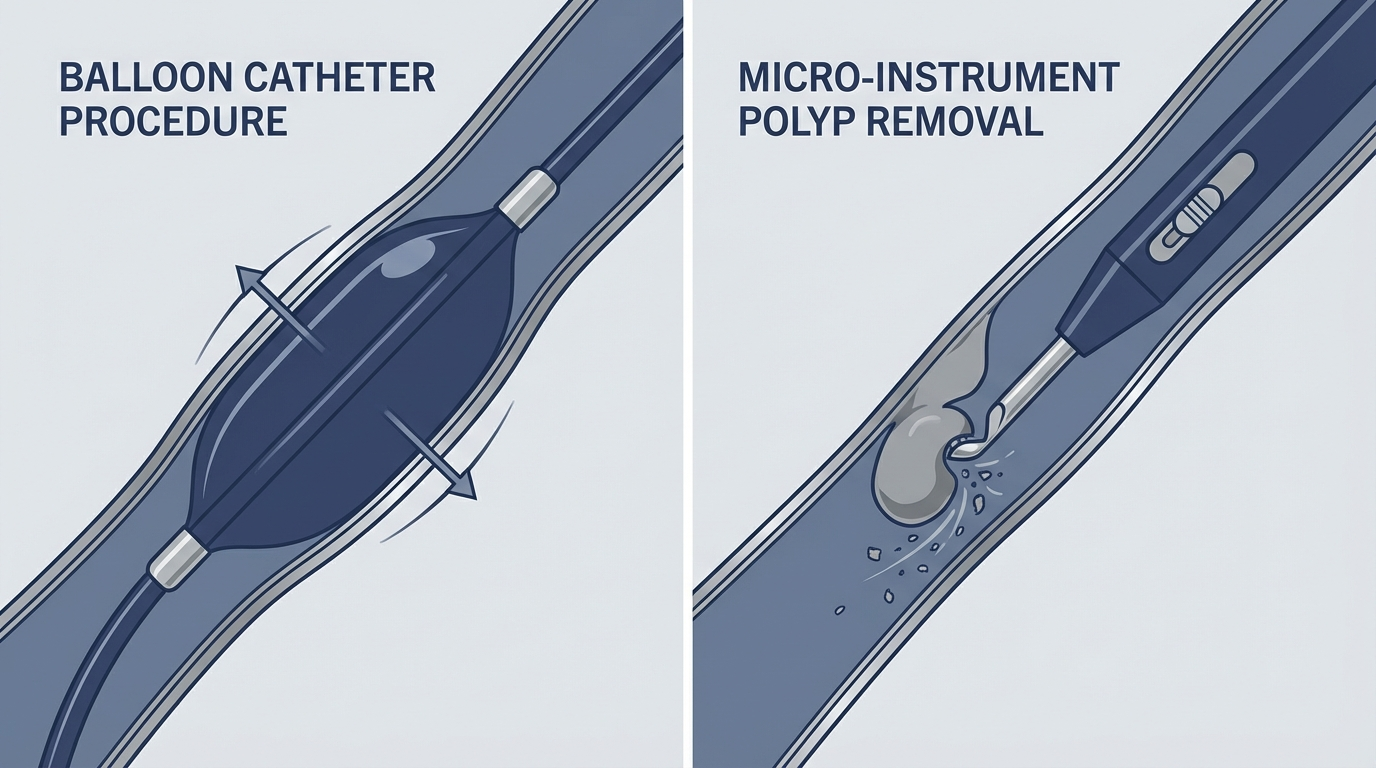 Balloon sinuplasty and polyp removal procedures side-by-side