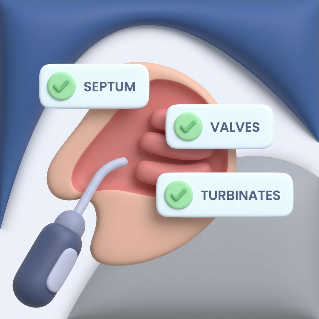 Revision evaluation with endoscope and check icons for septum, valves, turbinates