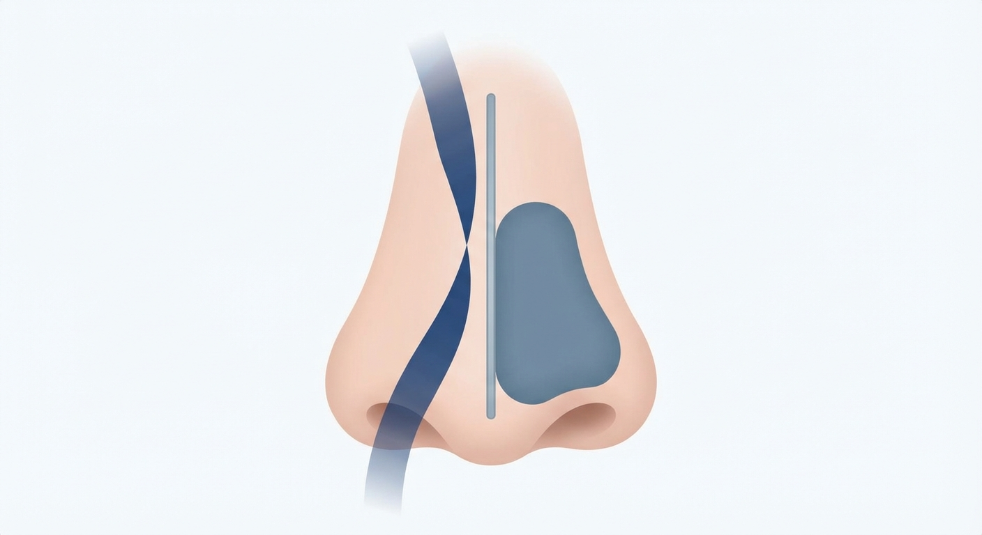 One-sided nasal blockage illustration with left airflow and right blockage, simplified nose with thin septum divider