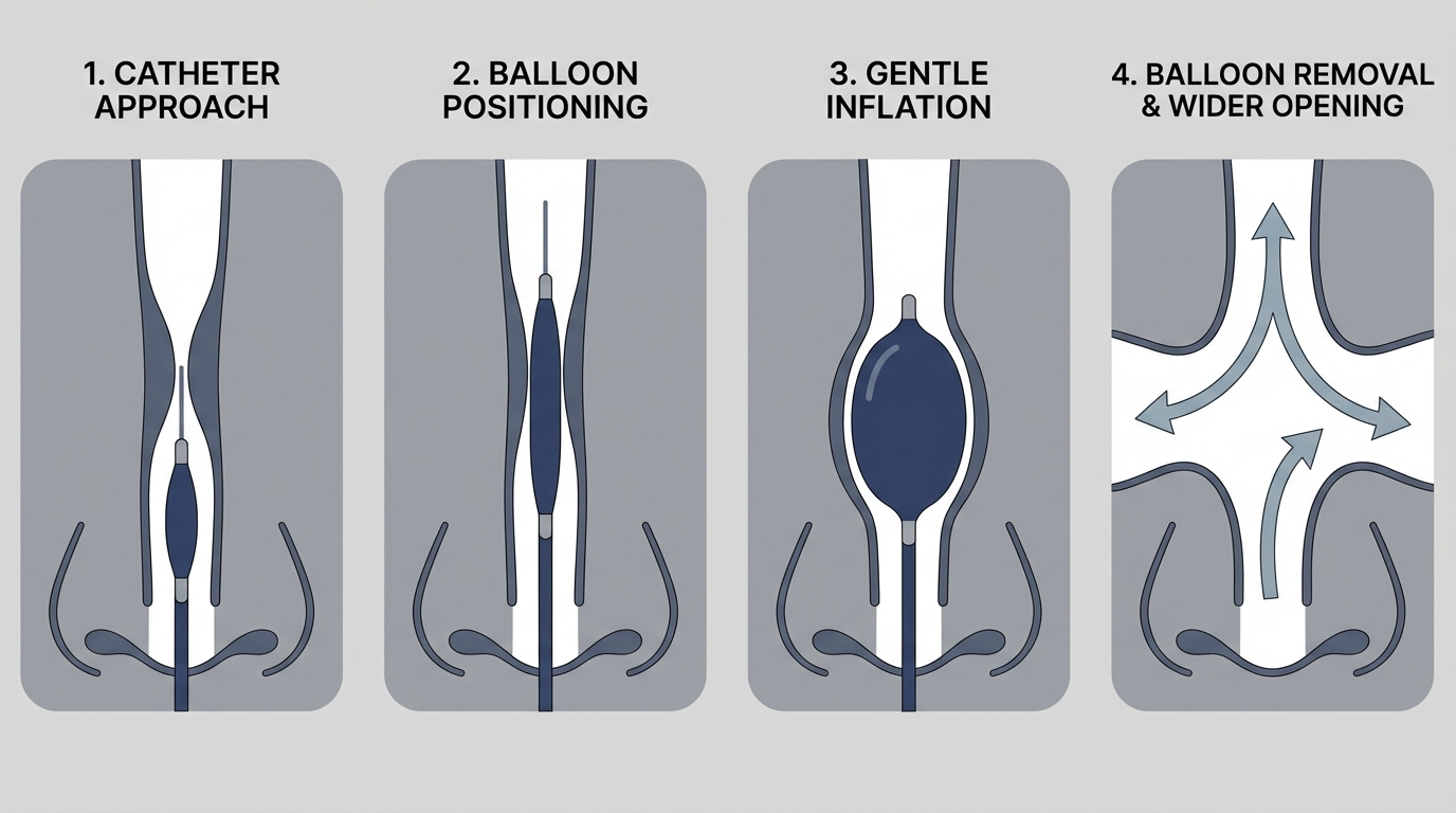Four-step storyboard of balloon sinuplasty: approach, position, inflate, remove