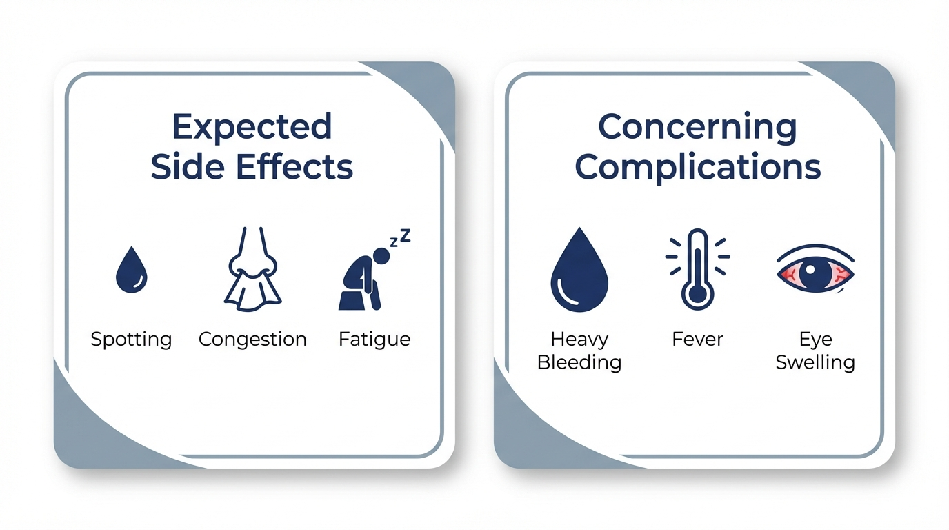 Comparison cards: expected side effects vs concerning complications