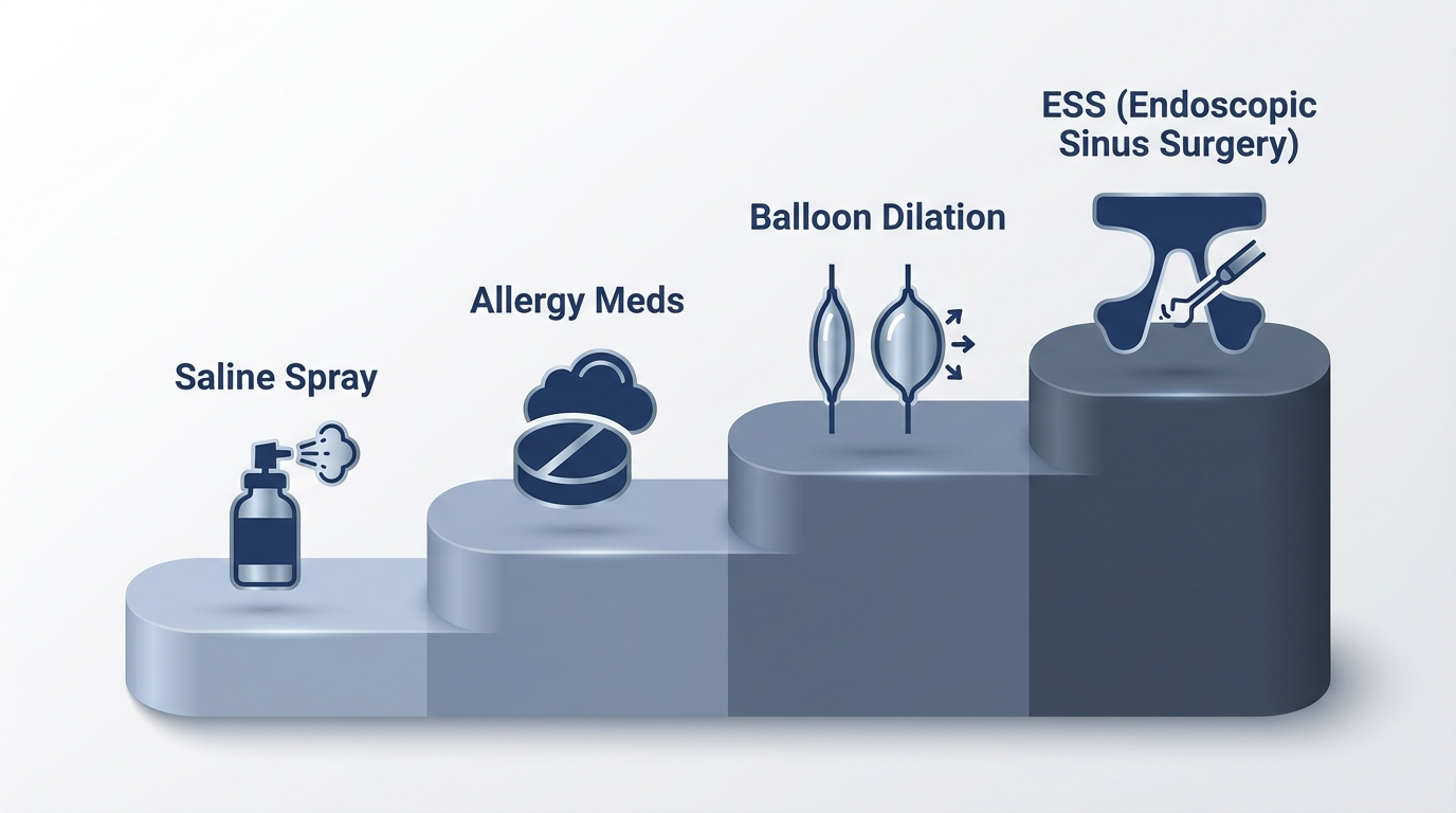 Treatment ladder showing progression from saline and allergy control to balloon and ESS