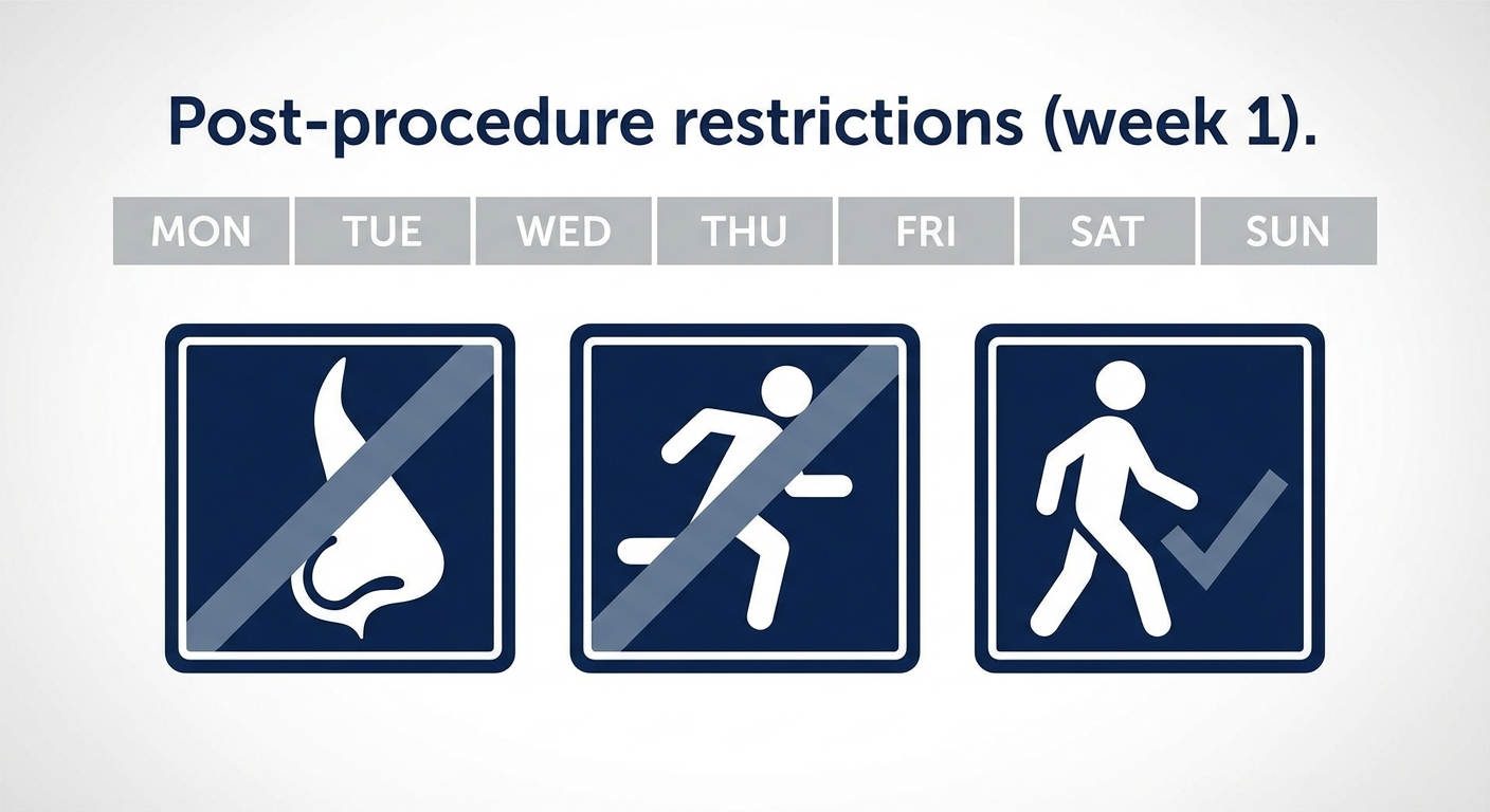 Week 1 post-procedure restrictions calendar with activity icons