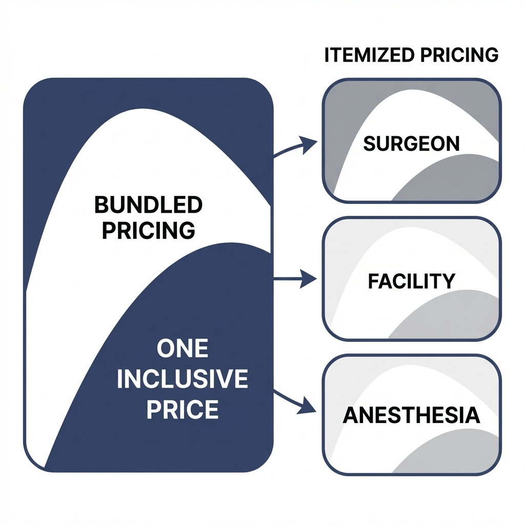 Bundled vs itemized pricing: one large bundle box vs three smaller boxes for Surgeon, Facility, Anesthesia