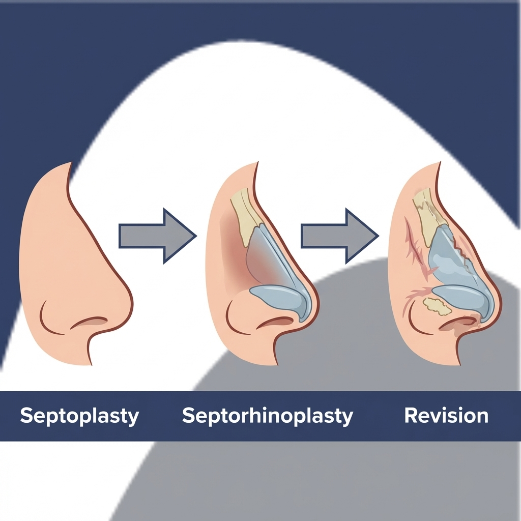 Three noses showing increasing procedure complexity: Septoplasty to Septorhinoplasty to Revision with arrow
