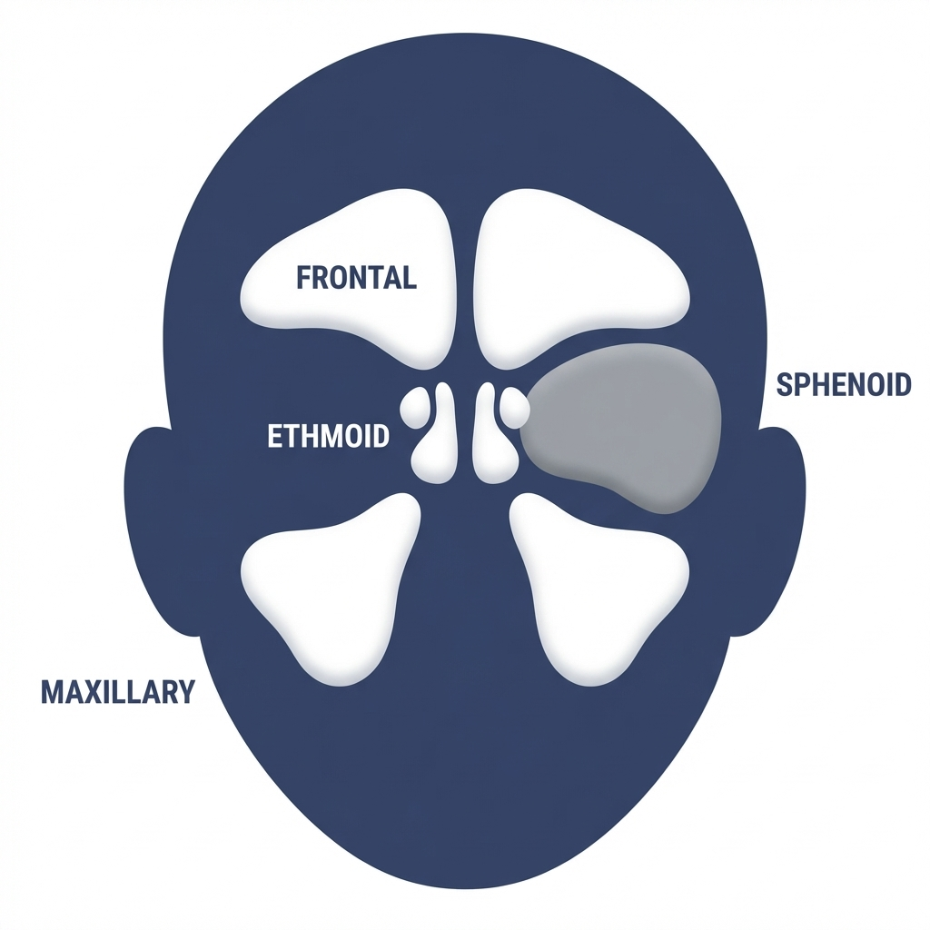 Simple sinus map showing frontal, maxillary, ethmoid, and sphenoid sinuses