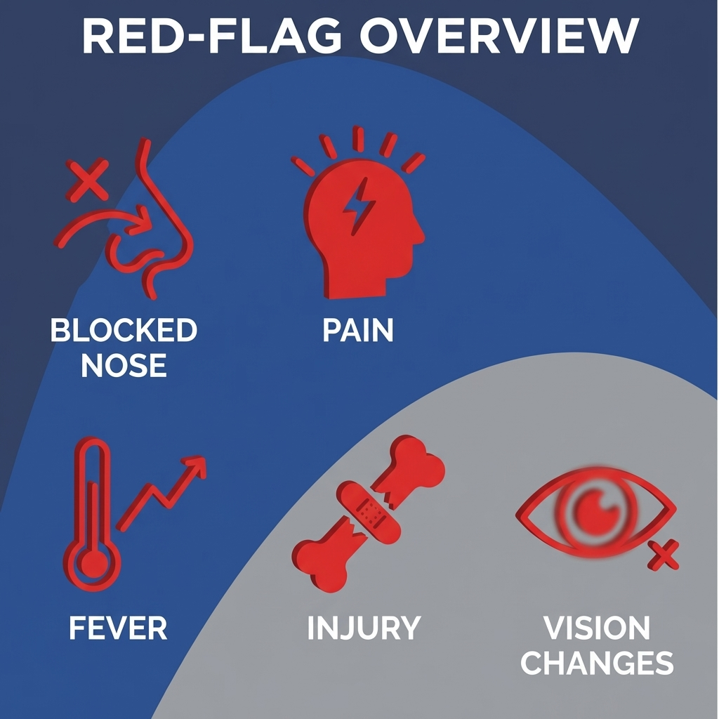 Red-flag overview icons for blocked nose, pain, fever, injury, vision changes