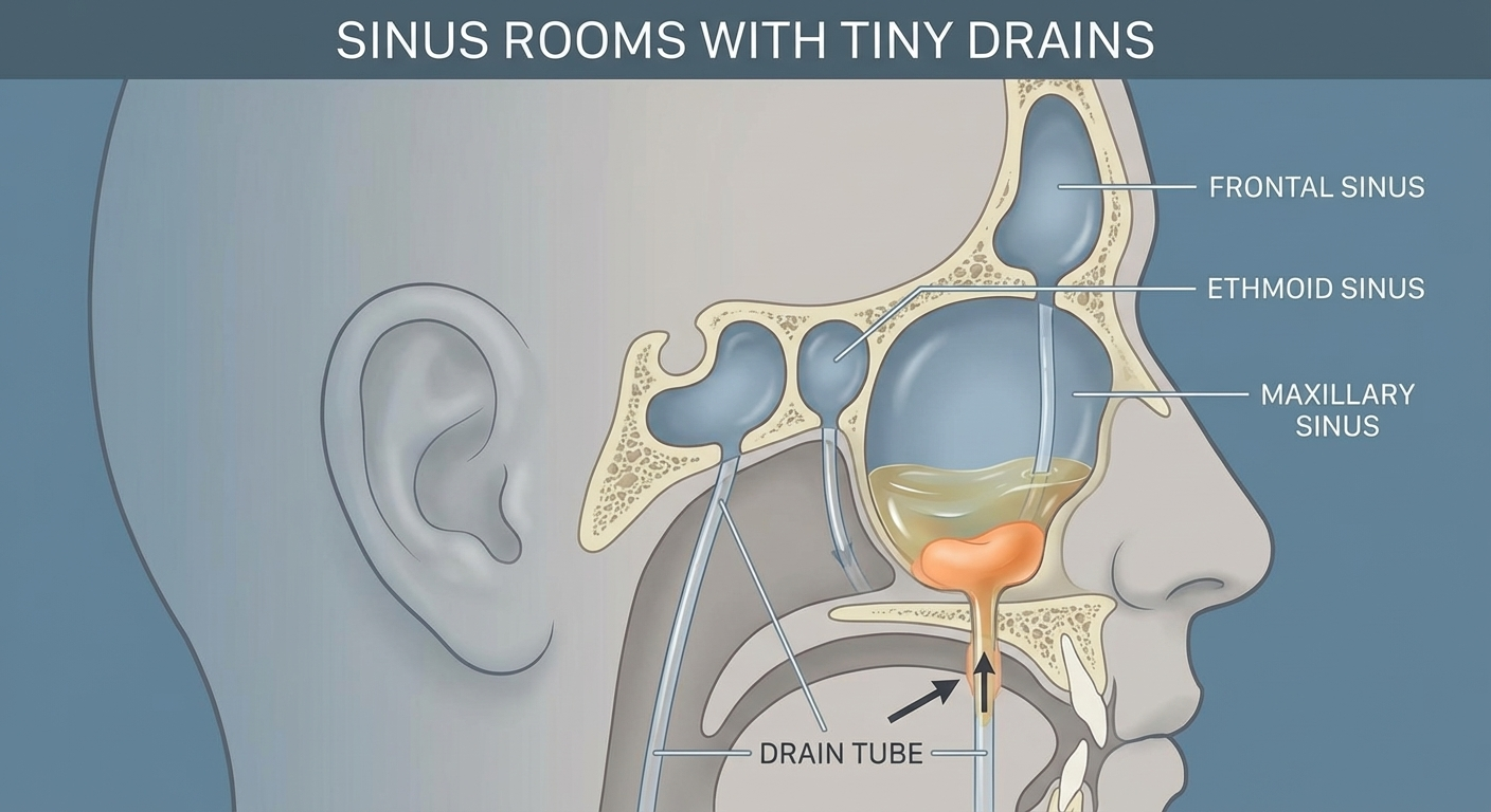 Sinus rooms analogy: small sinus cavities with tiny drains, one partially blocked