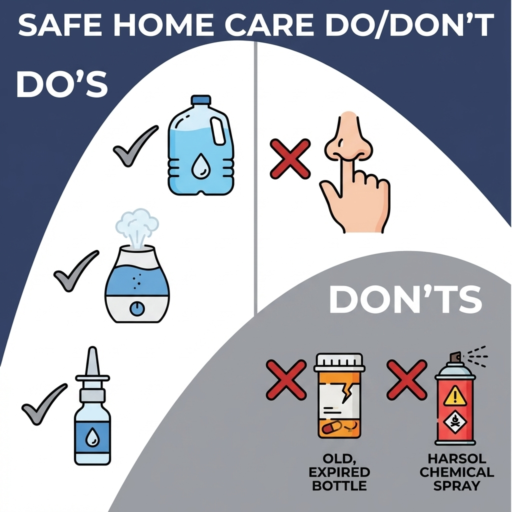 Safe home care do and don’t: water jug, humidifier, saline spray checks versus nose-picking, old pill bottle, and harsh spray Xs
