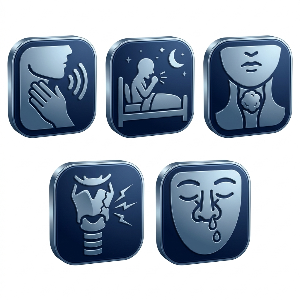 Symptoms icons: throat clearing, night cough, something in throat, hoarseness, congestion/runny nose