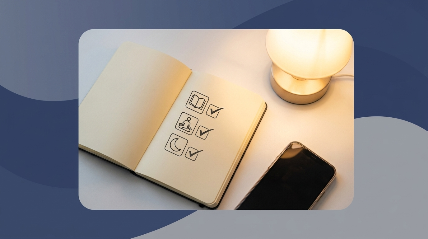 Tonight wind-down checklist with lamp glow and face-down phone