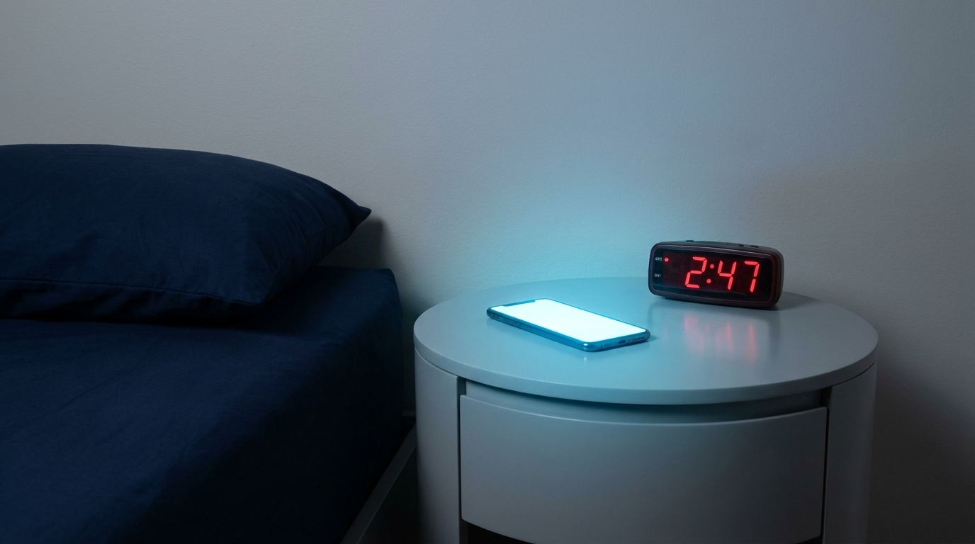 Nighttime arousal triggers: 2:47 a.m. clock and glowing phone on bedside table