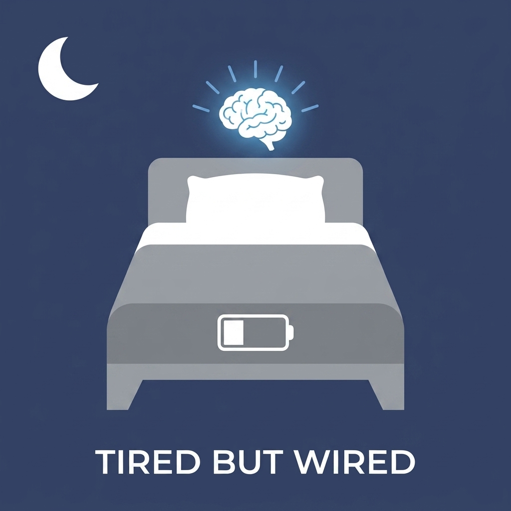 Tired but wired symbols: bed, glowing brain, moon, and low battery