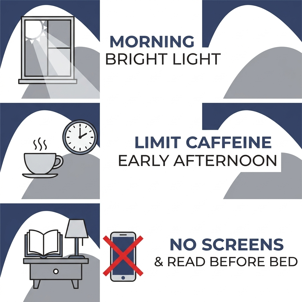 Sleep hygiene tiles: morning light, early-afternoon coffee, bedside book with phone crossed out