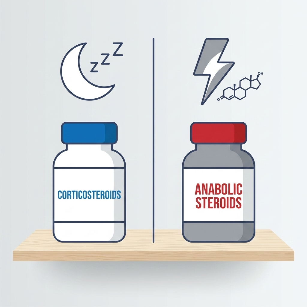 Corticosteroids vs anabolic steroids bottles with icons and divider