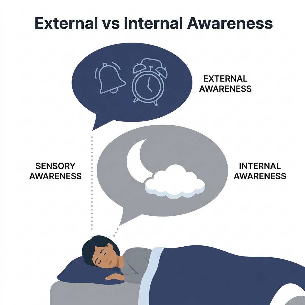 External vs internal awareness — sleeping figure with small alarm bubble and larger dream bubble