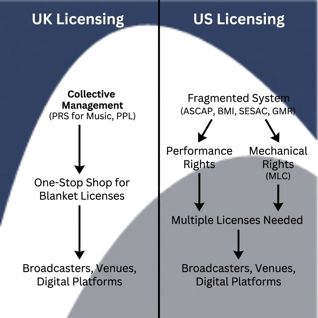 Laws differ (UK vs US) — side-by-side licensing visual.