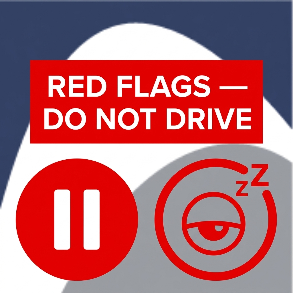 Red flags — do not drive moment with a pause icon and drowsy indicator.