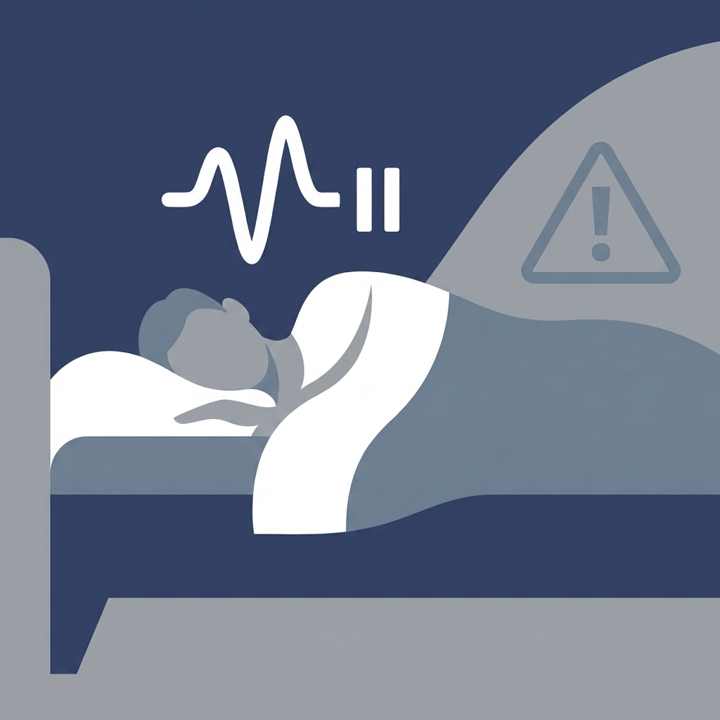 Sleep apnea red flags visualized by snore waves that pause, with a subtle warning symbol.