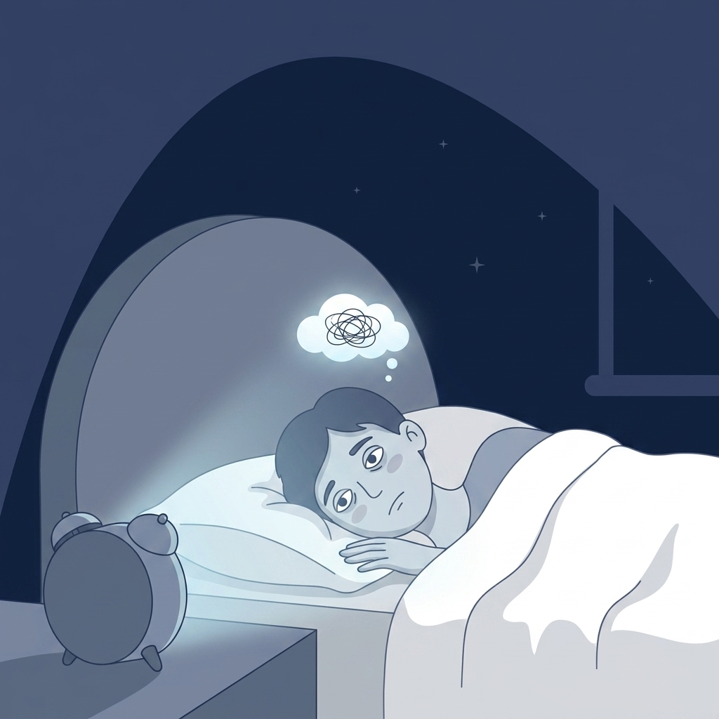 Insomnia and fragmented night shown by an awake figure in bed with a glowing alarm clock and a small thought cloud.