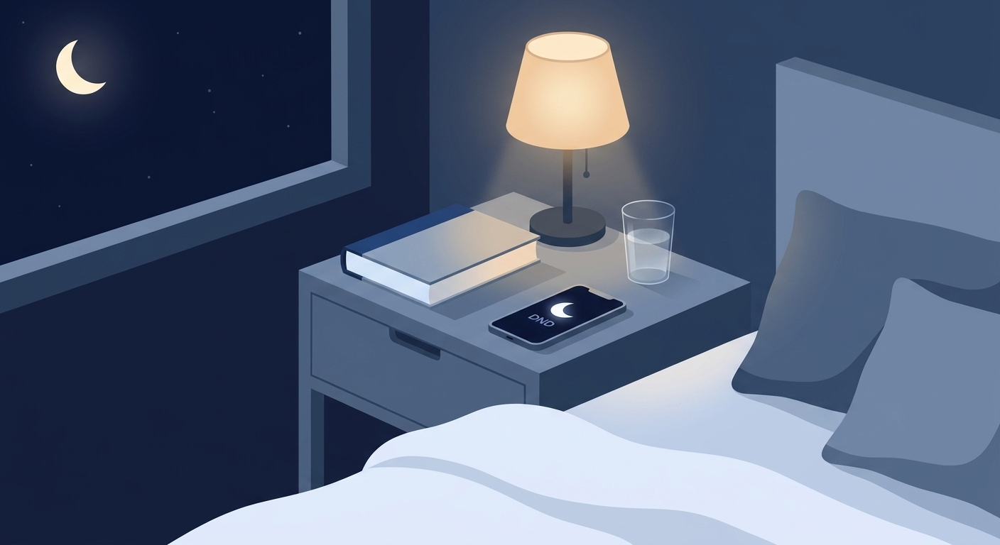 Lifestyle sleep basics with a dim lamp, closed book, water glass, and phone face-down on a nightstand.