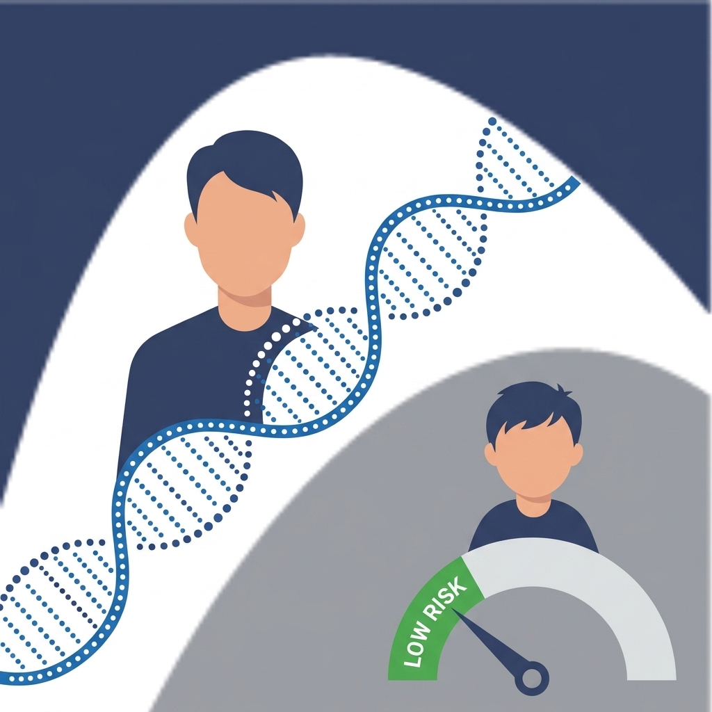 Family risk — parent and child connected by a dotted DNA strand with a low-risk gauge under the child.