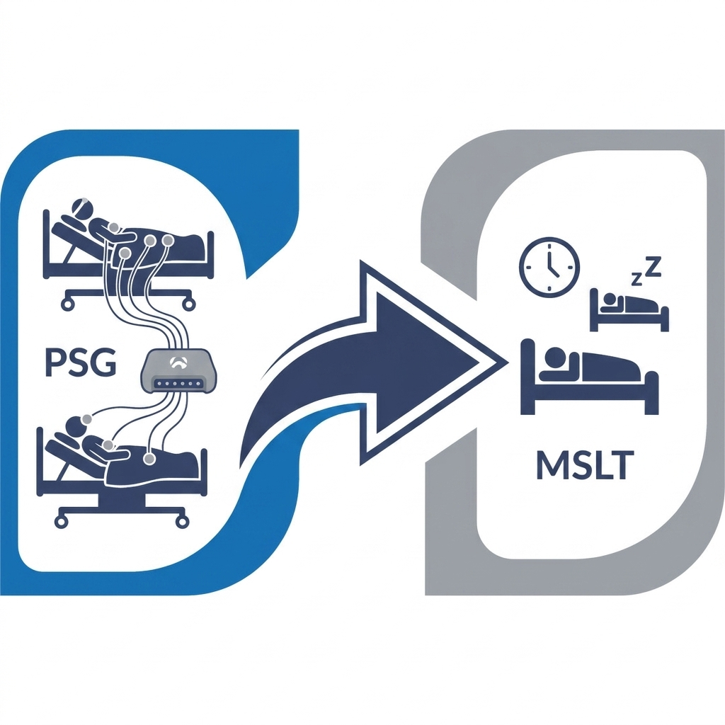Diagnosis workflow — PSG bed and sensor hub flowing to MSLT nap icons with a rightward arrow.
