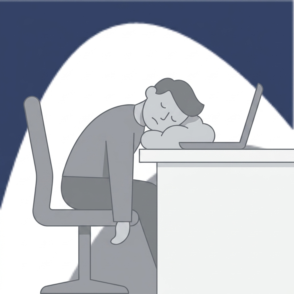 Daytime sleepiness — a simplified character dozing at a clean desk with laptop, chair, and subtle pillow cue.