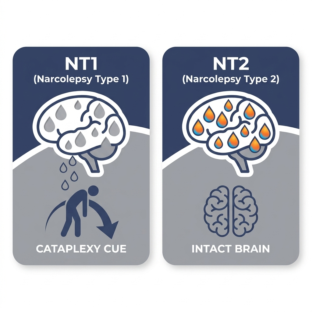 NT1 vs NT2 at a glance — side-by-side rounded tiles with missing orexin droplets/cataplexy cue vs intact brain icon.