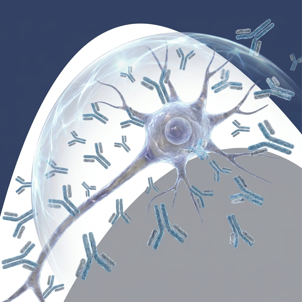 Autoimmune model in NT1 — orexin neuron with translucent antibodies and a protective shield.